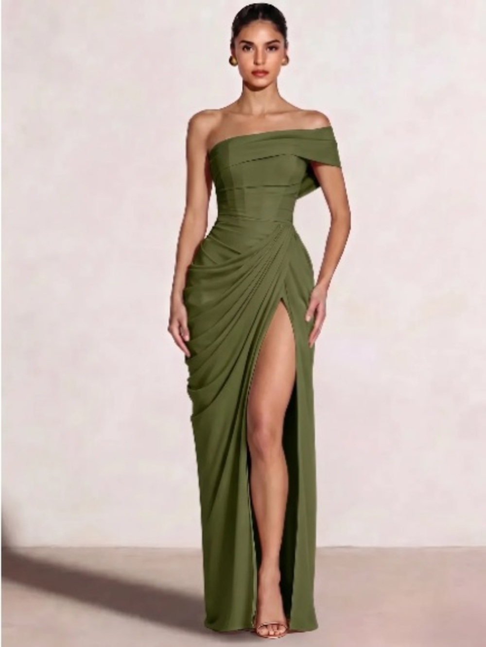 Olive One-Shoulder Draped Evening Gown